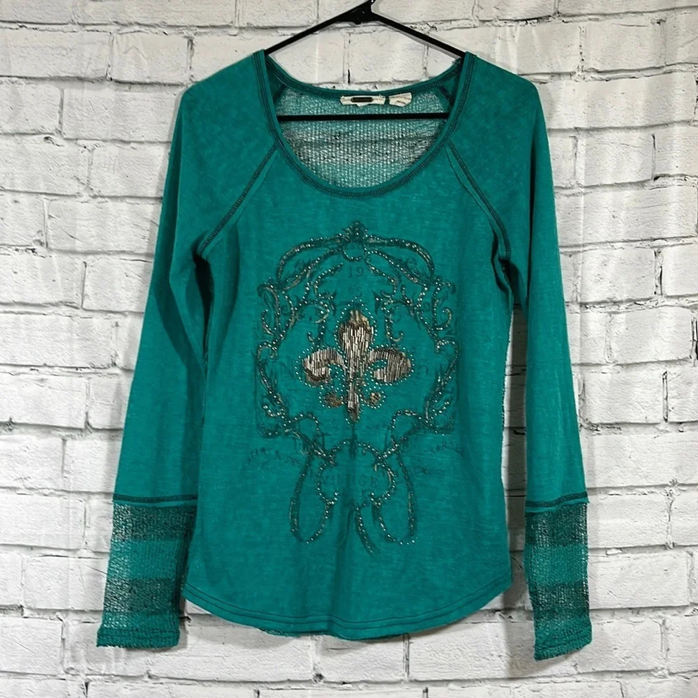 Miss Me Teal Long Sleeve Embellished Top